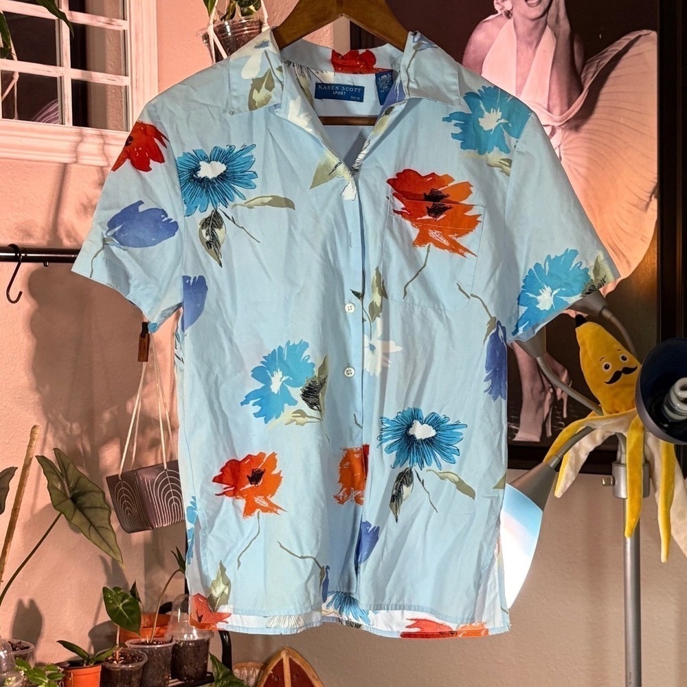 Karen Scott Button Down Shirt Womens PM Blue Floral Short Sleeve Cotton Tropical - Picture 2 of 9